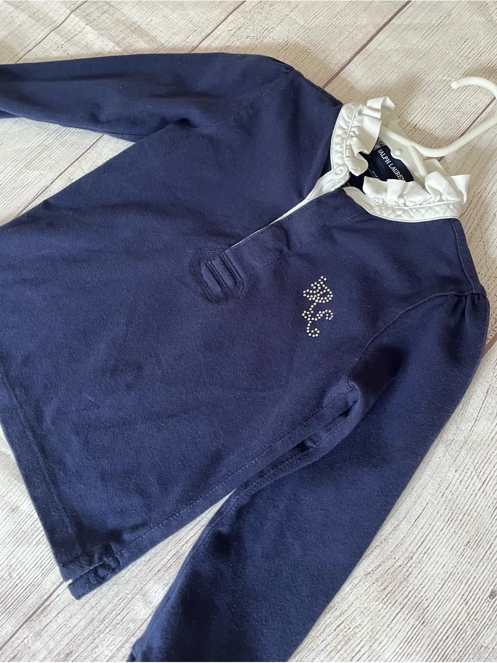 Ralph Lauren navy blue top with stand up ruffle collar